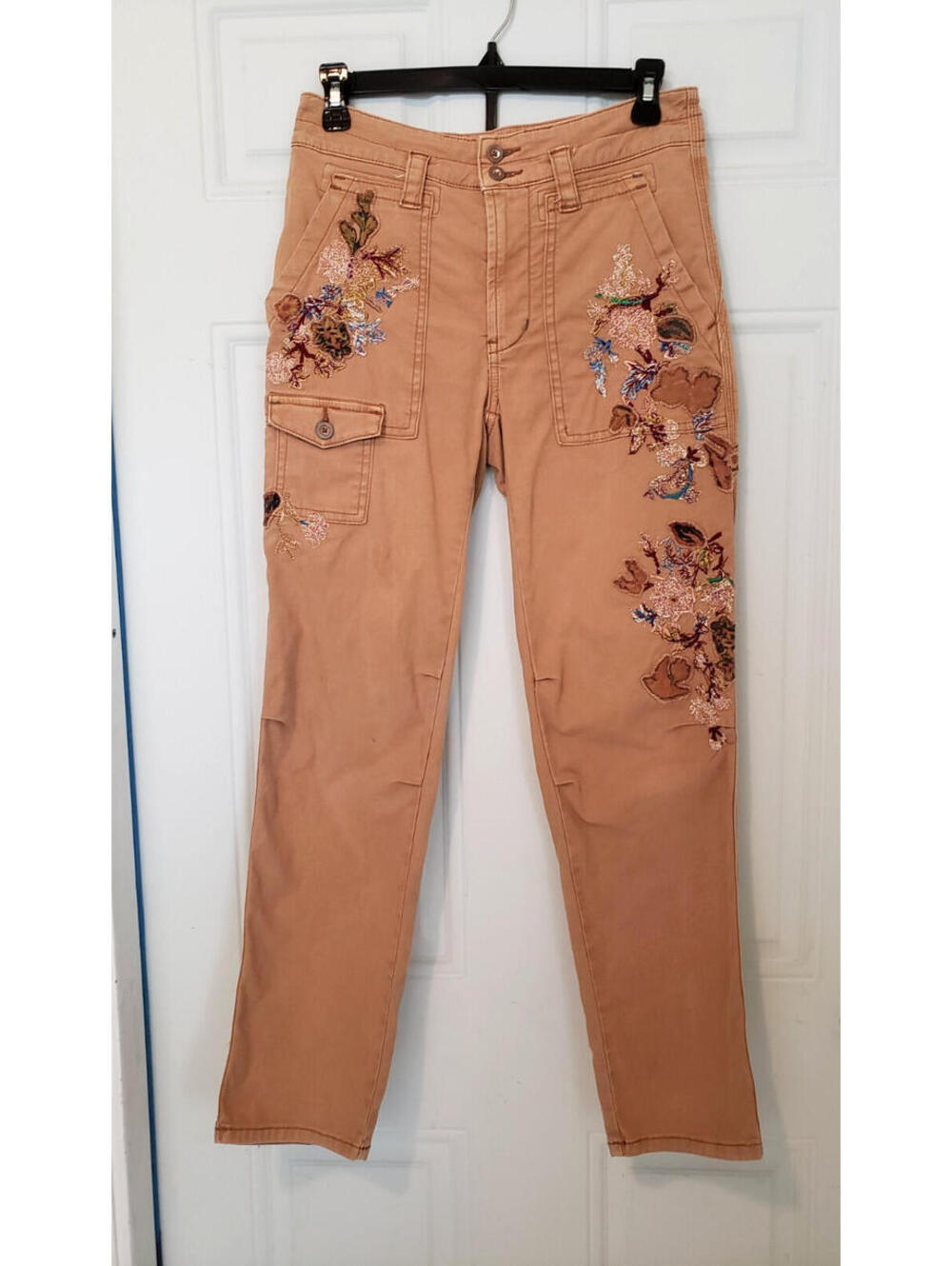 Pilcro Anthropologie The Wanderer Tan Embroidered Slim Khaki Cargo Pants Sz 25
